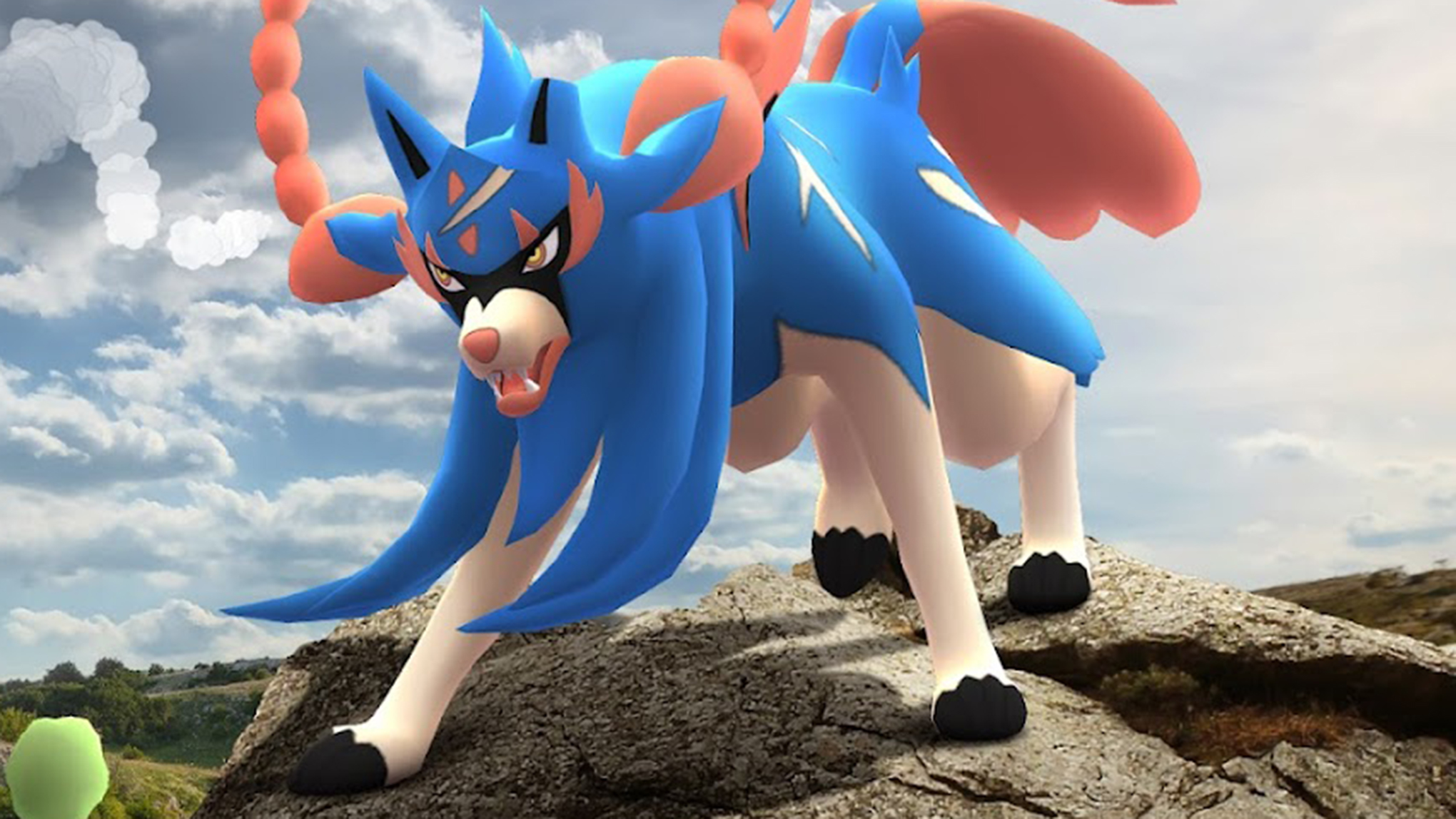 Zacian stands on a rock in Pokémon Go