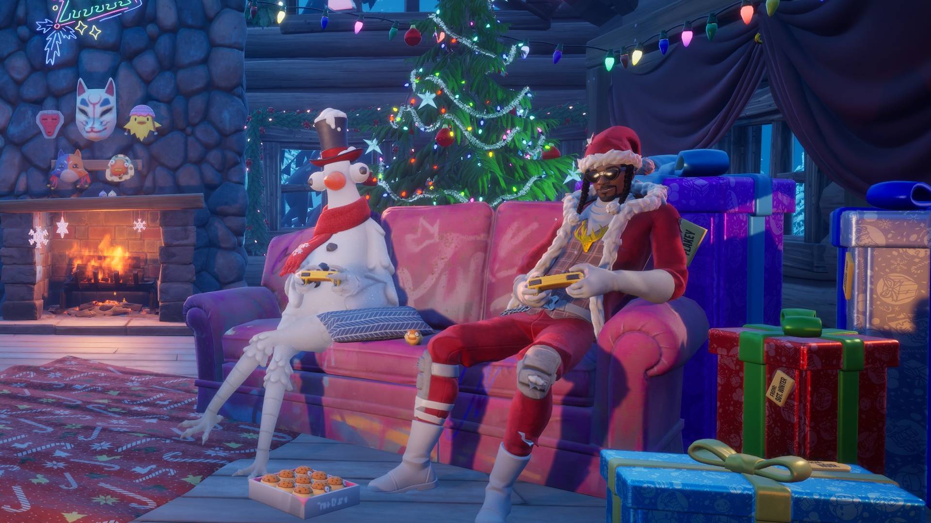 Fortnite characters sit on a couch during Winterfest 2024