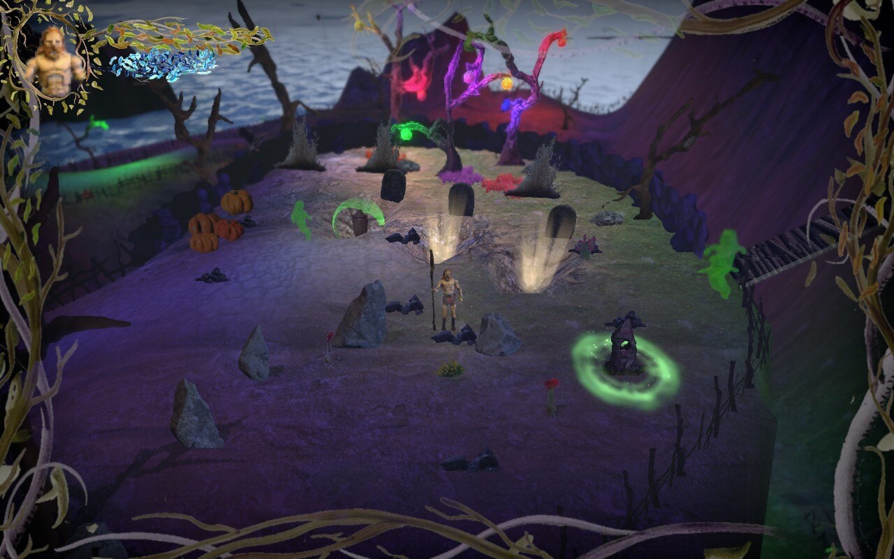 Spooky, halloween-themed area in Judero with open graves and purple lighting