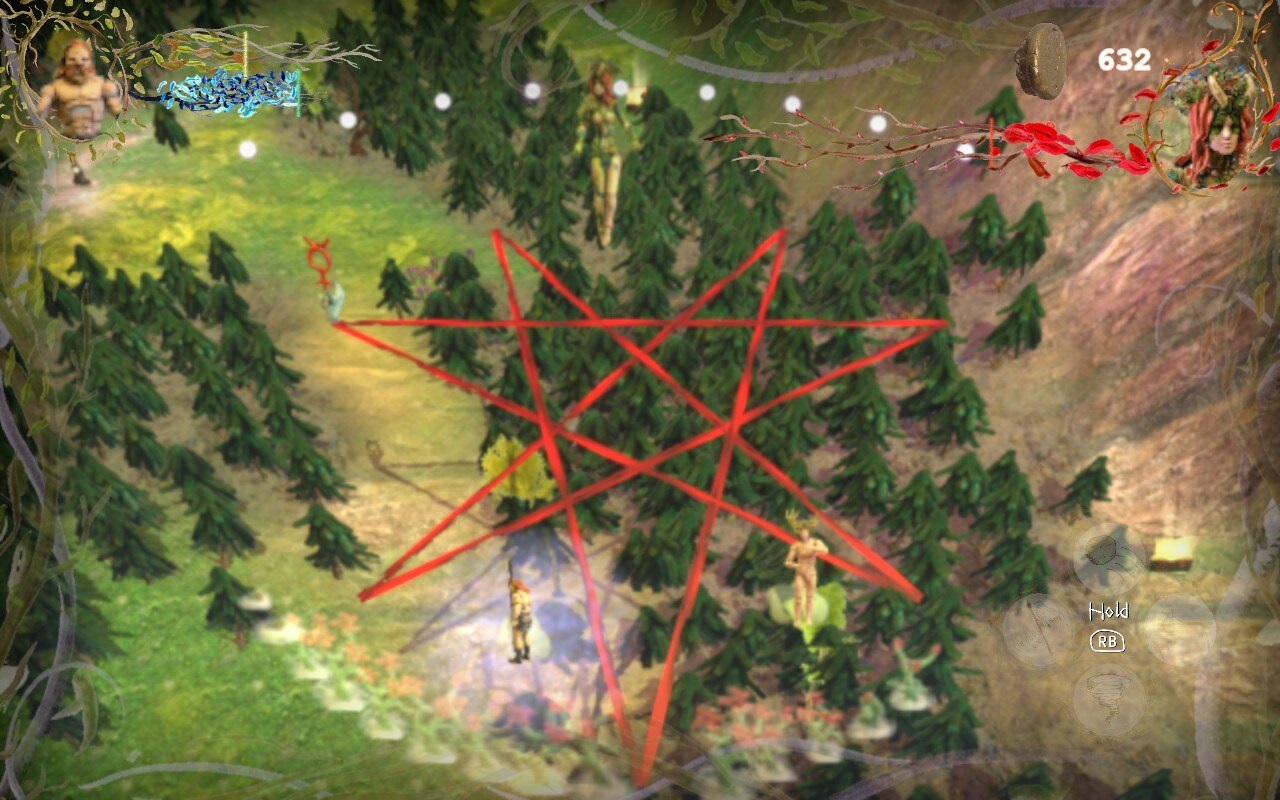 battlefield in the air over a forest in Judero showing pentagram and projectiles