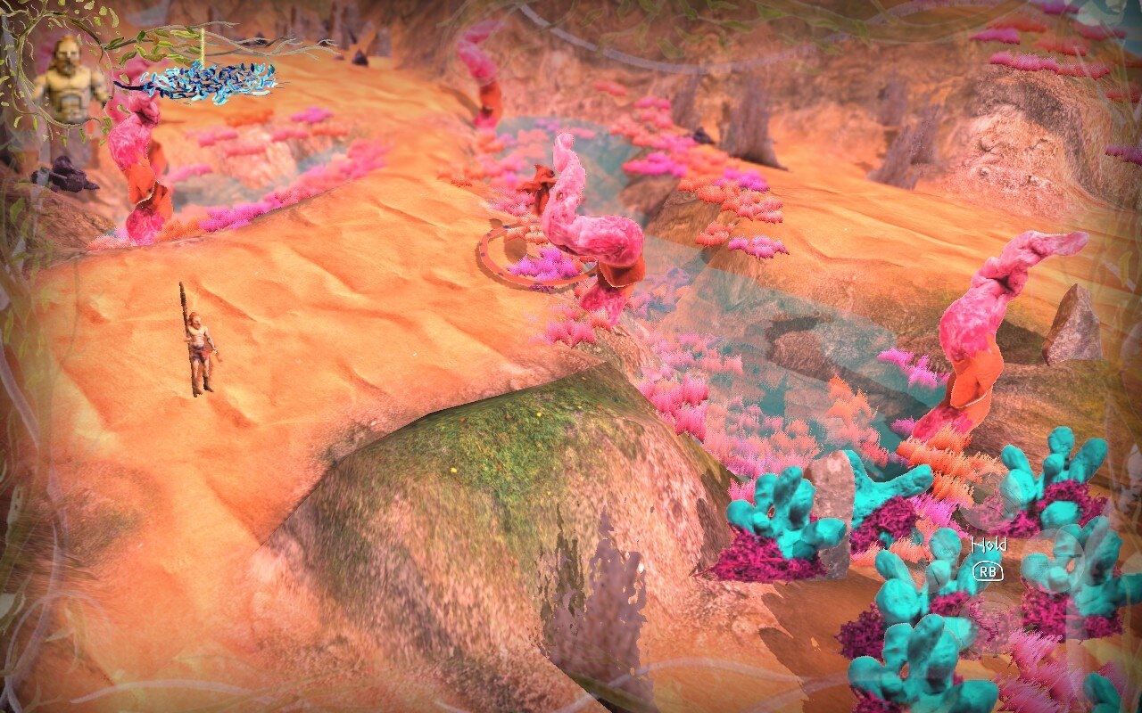 Judero looking at pink enemies on shoreline from isometric view.