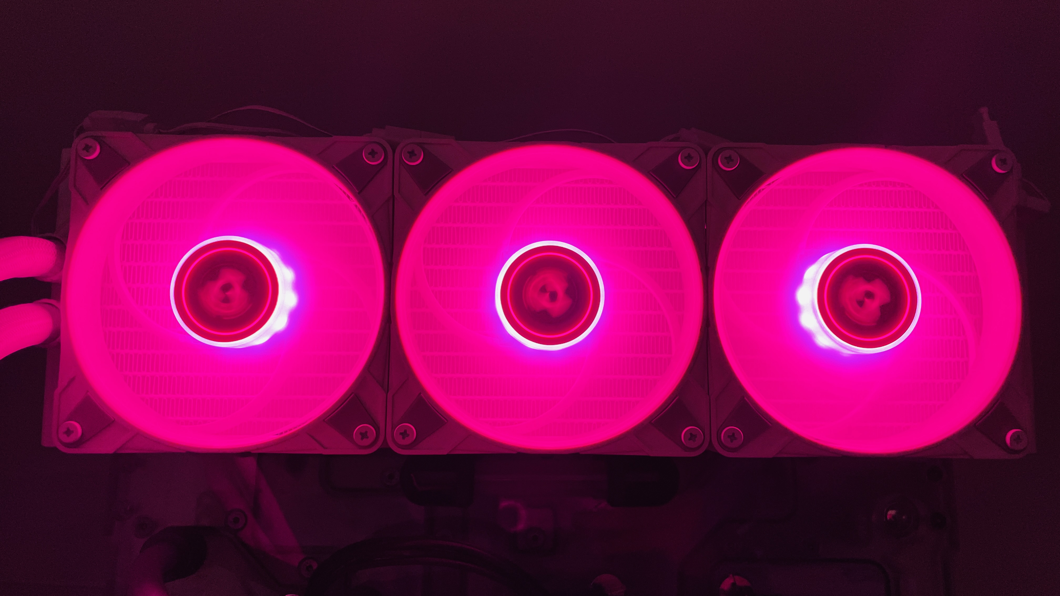 An array of three cooling fans, all glowing pink to demonstrate the fans' RGB lighting feature.