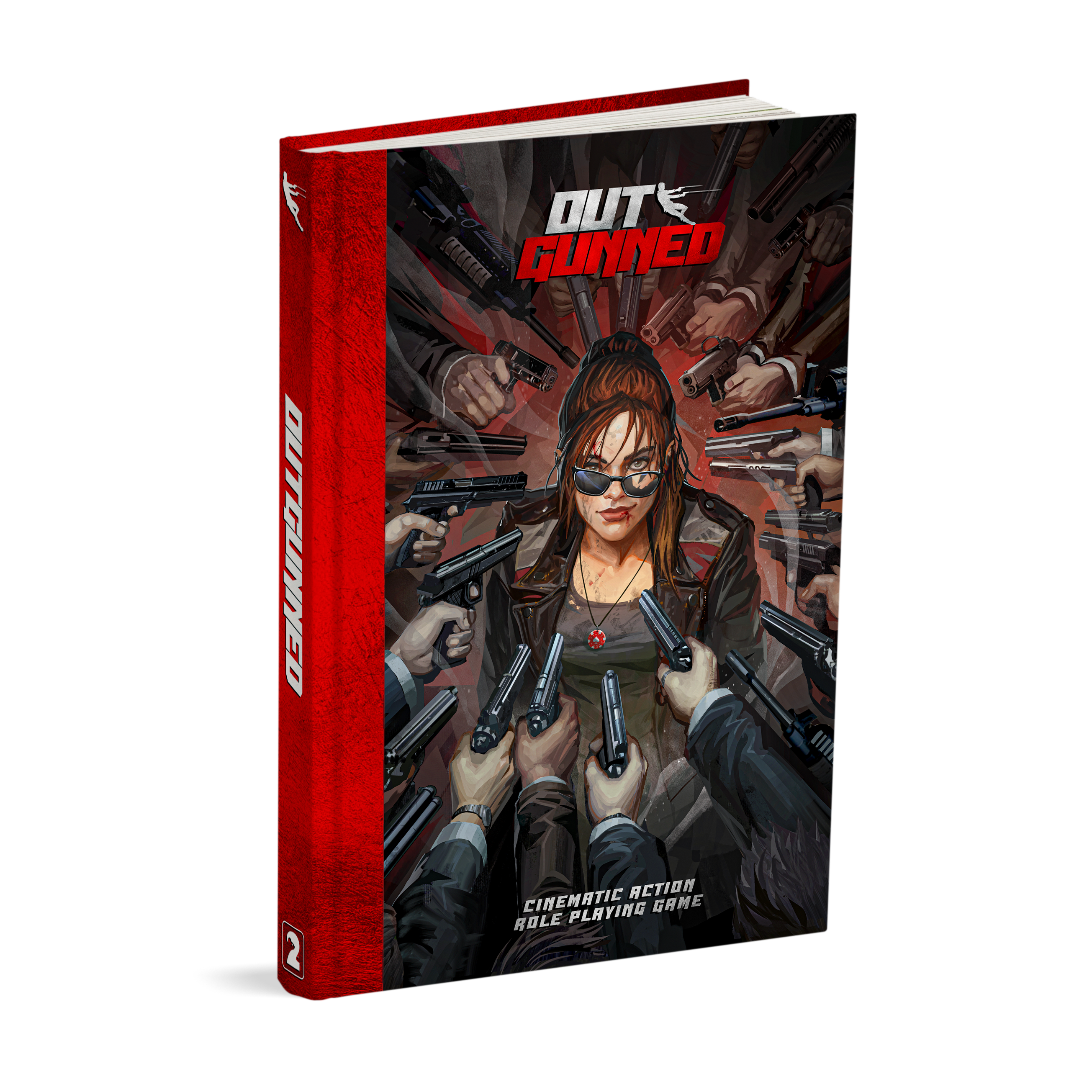 A picture of the rulebook for Outgunned, which has a person on the cover with a smug half smile, surrounded by guns pointed at them A picture of the rulebook for Outgunned, which has a person on the cover with a smug half smile, surrounded by guns pointed at them