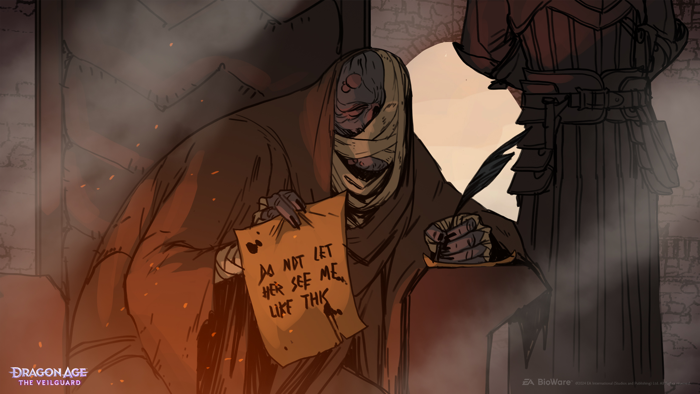 cloaked figure wrapped in bandages, their skin mottled and purple-grey where exposed. They're sitting on a throne with a Warden bodyguard posted behind them, and this character no longer seems able to speak, instead relying on a quill and stack of parchments to communicate. They're holding one such message up to the viewer: 