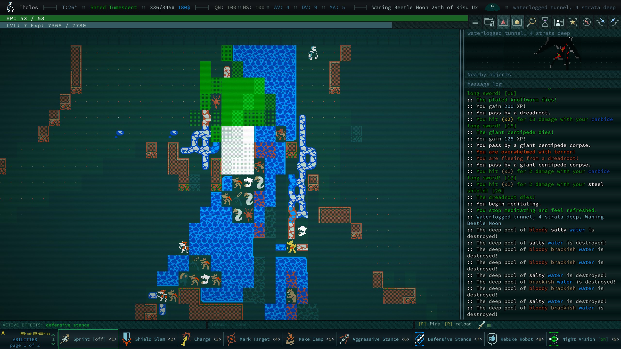 In Caves of Qud, the player's character is surrounded by a throng of hostile hyenafolk and plated worms.