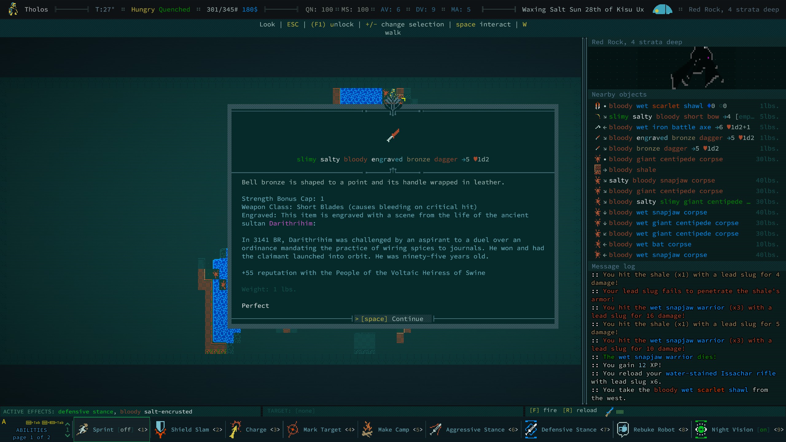 Inspecting a dagger in Caves of Qud, which has an engraving detailing a duel between one of Qud's sultans and a political aspirant, after which the sultan had the defeated claimant 