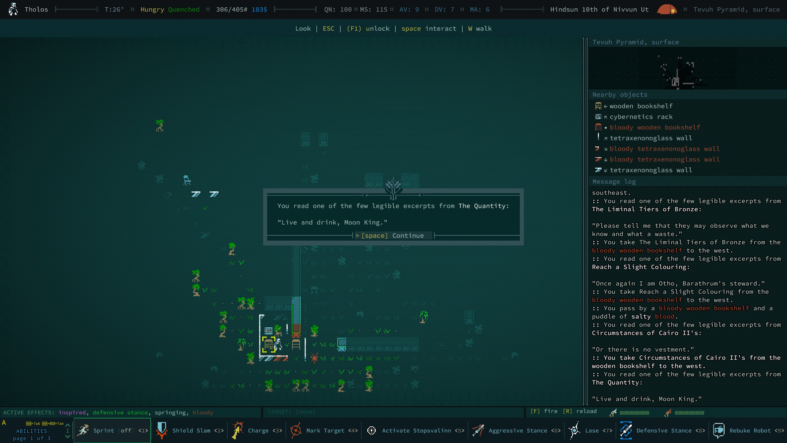 The player reads one of Caves of Qud's randomly generated books, producing the passage: 