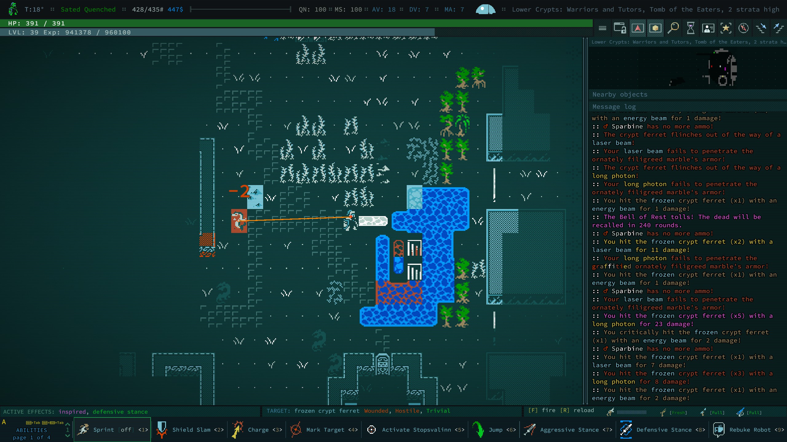 The player characters fires an energy weapon at a crypt ferret in Caves of Qud.