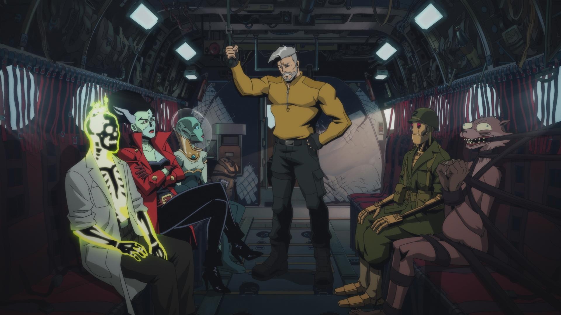 Rick Flagg Sr. standing around with the Creature Commandos in the back of a plane, in a still from Creature Commandos