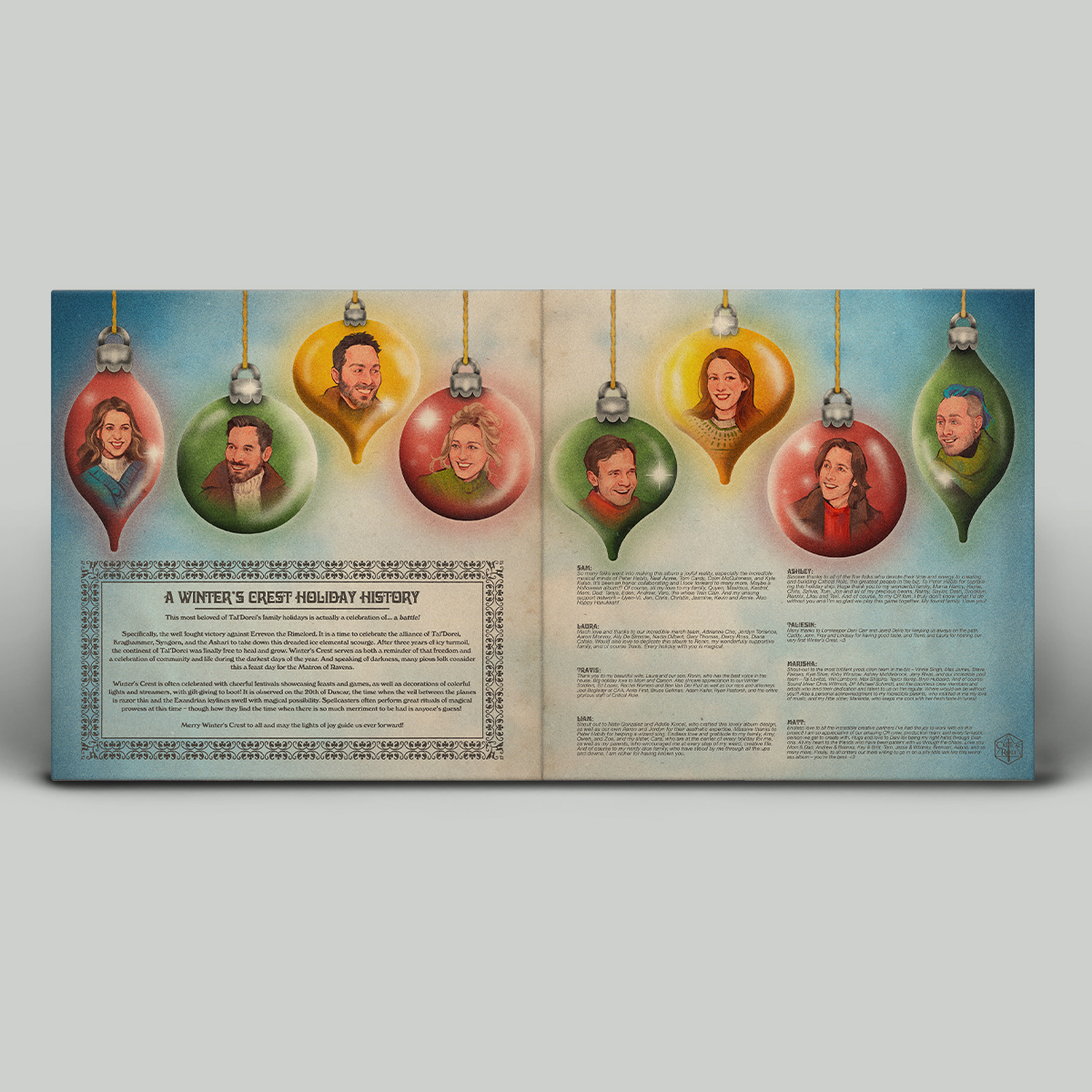 A shot of the music lining on Critical Role’s holiday album, with a short history of the winter’s crest holiday history 