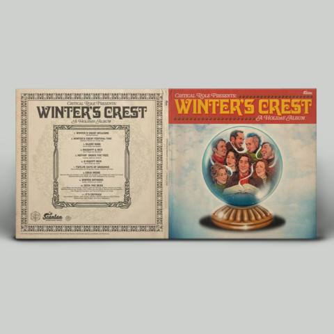 Winter’s Crest Critical Role holiday album back cover with song listed and front cover with cast in a snow globe