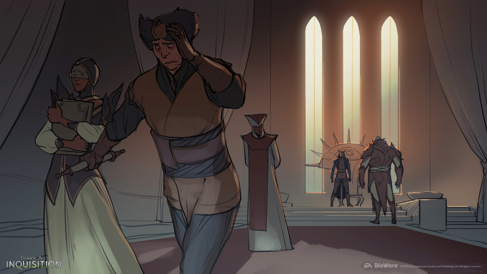 Inquisition courtiers walking away from throne room while Inquisitor is confronted by large figure.