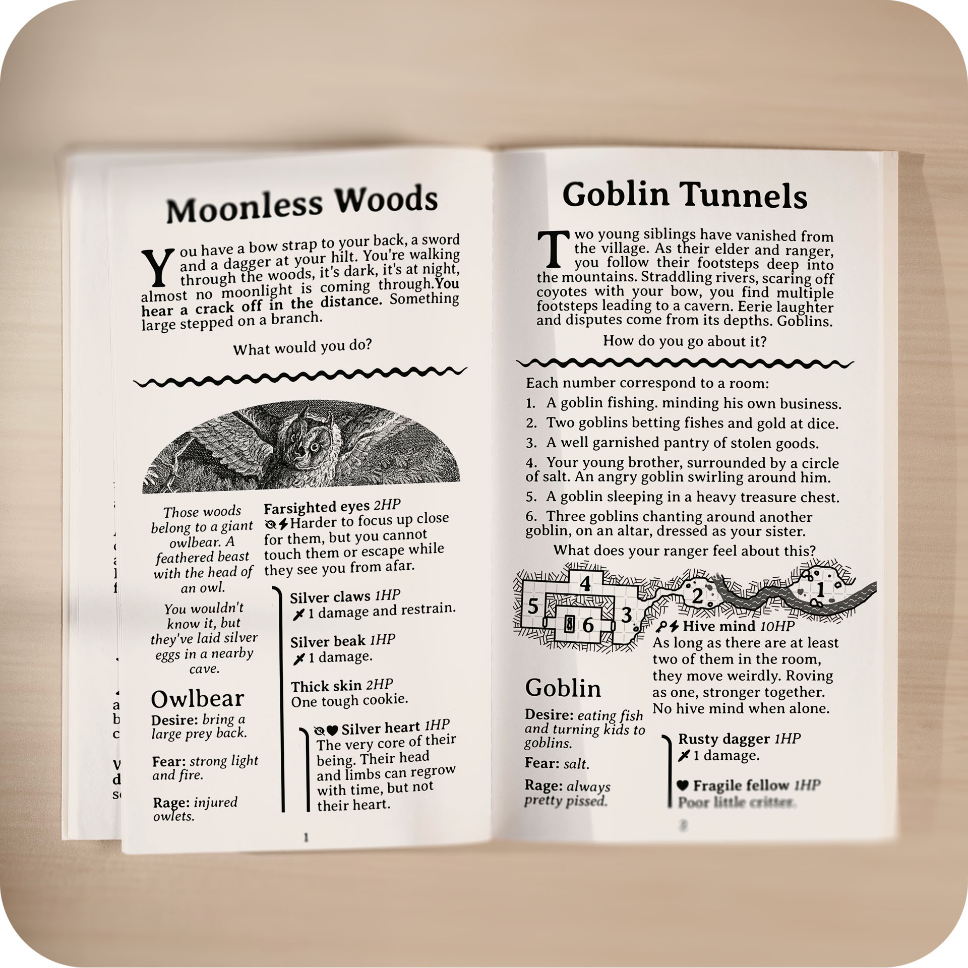 open pages of the book, one called moonless woods, the other called goblin tunnels open pages of the book, one called moonless woods, the other called goblin tunnels