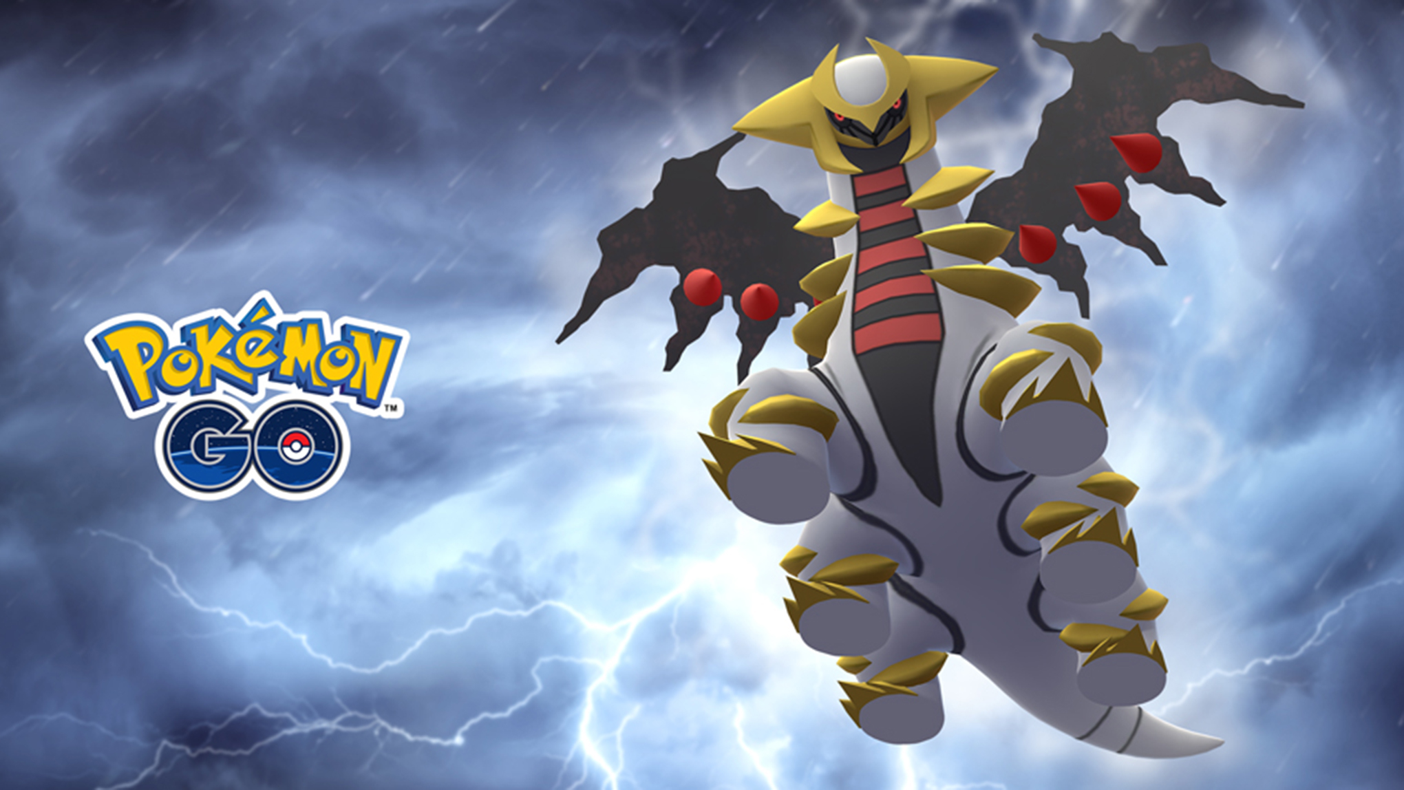 Giratina hovers over a lightning storm in Pokémon Go