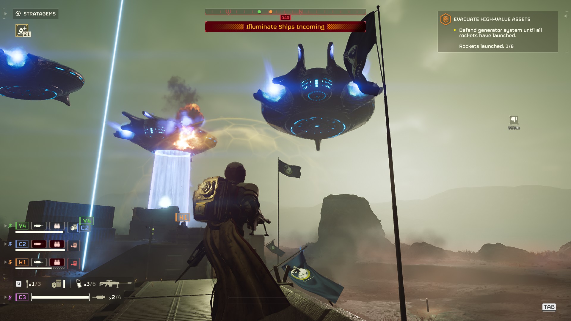 Two images - one showing the Illuminate dropships beaming down enemy troops to murder my position, another showing a city in flames from the illuminate menace.