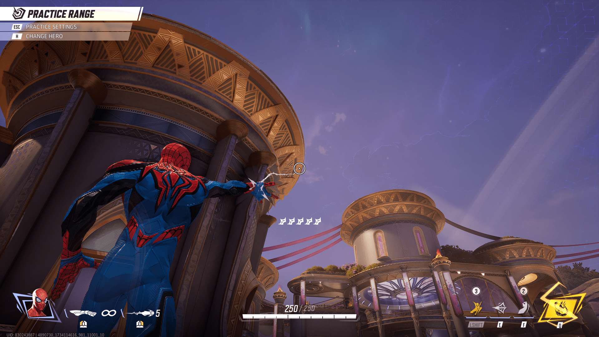 Spider-Man shoots a web up at a building in Marvel Rivals