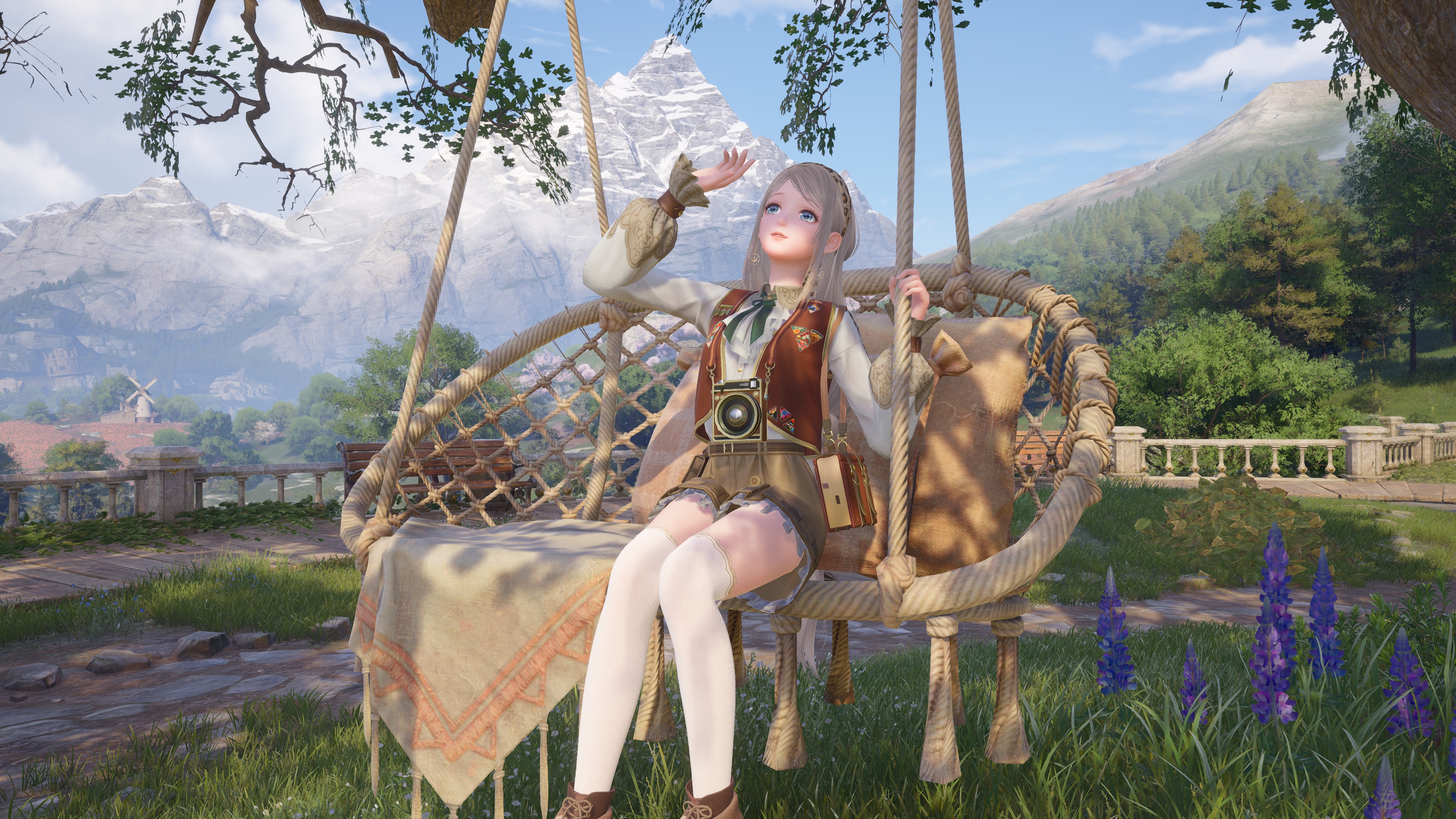 Infinity Nikki - nikki sits on a wicker swing in a photographer outfit