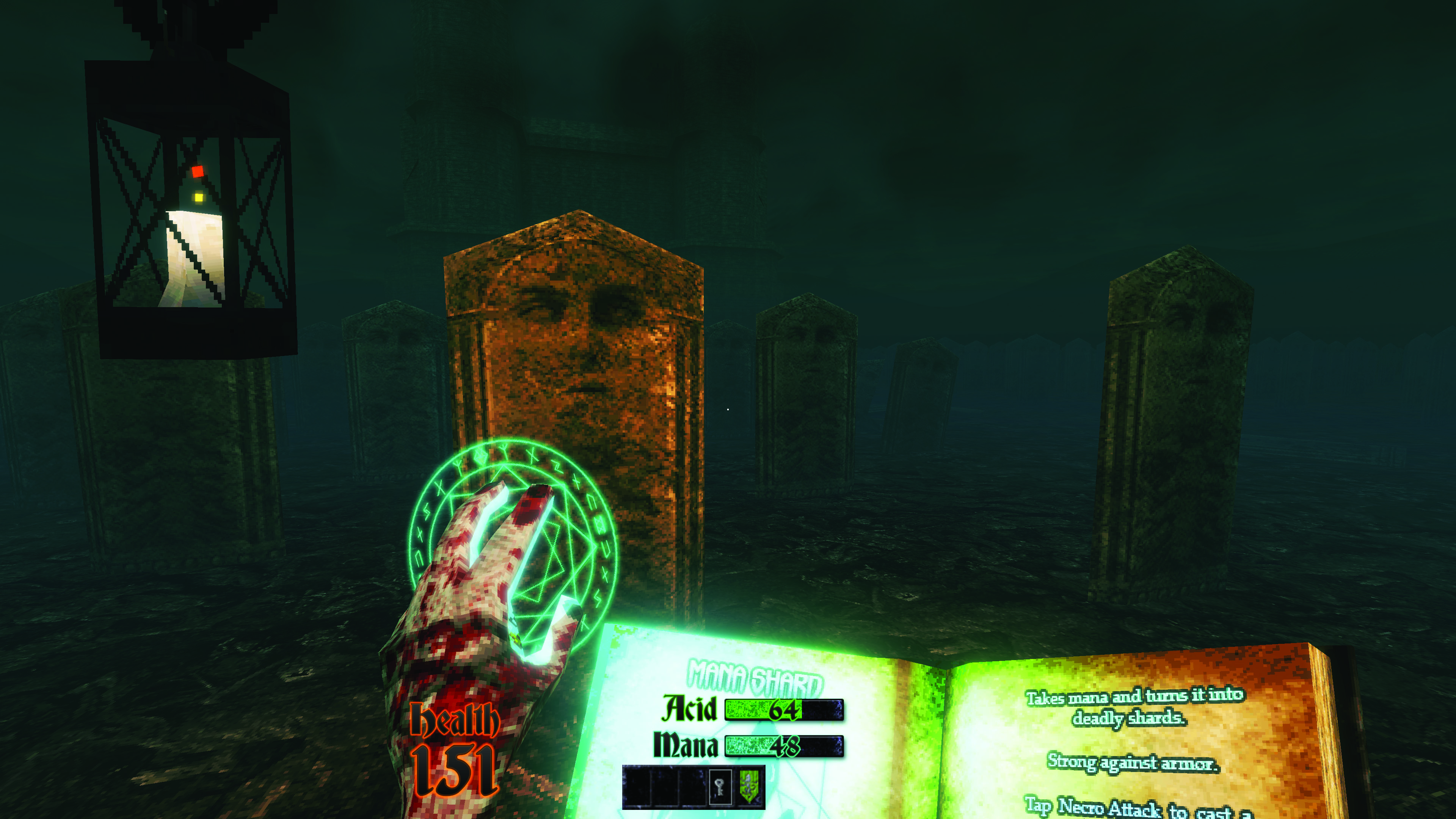 Fantasy FPS boomer shooter Coven being played showing a witch using the book of the dead to cast spells.