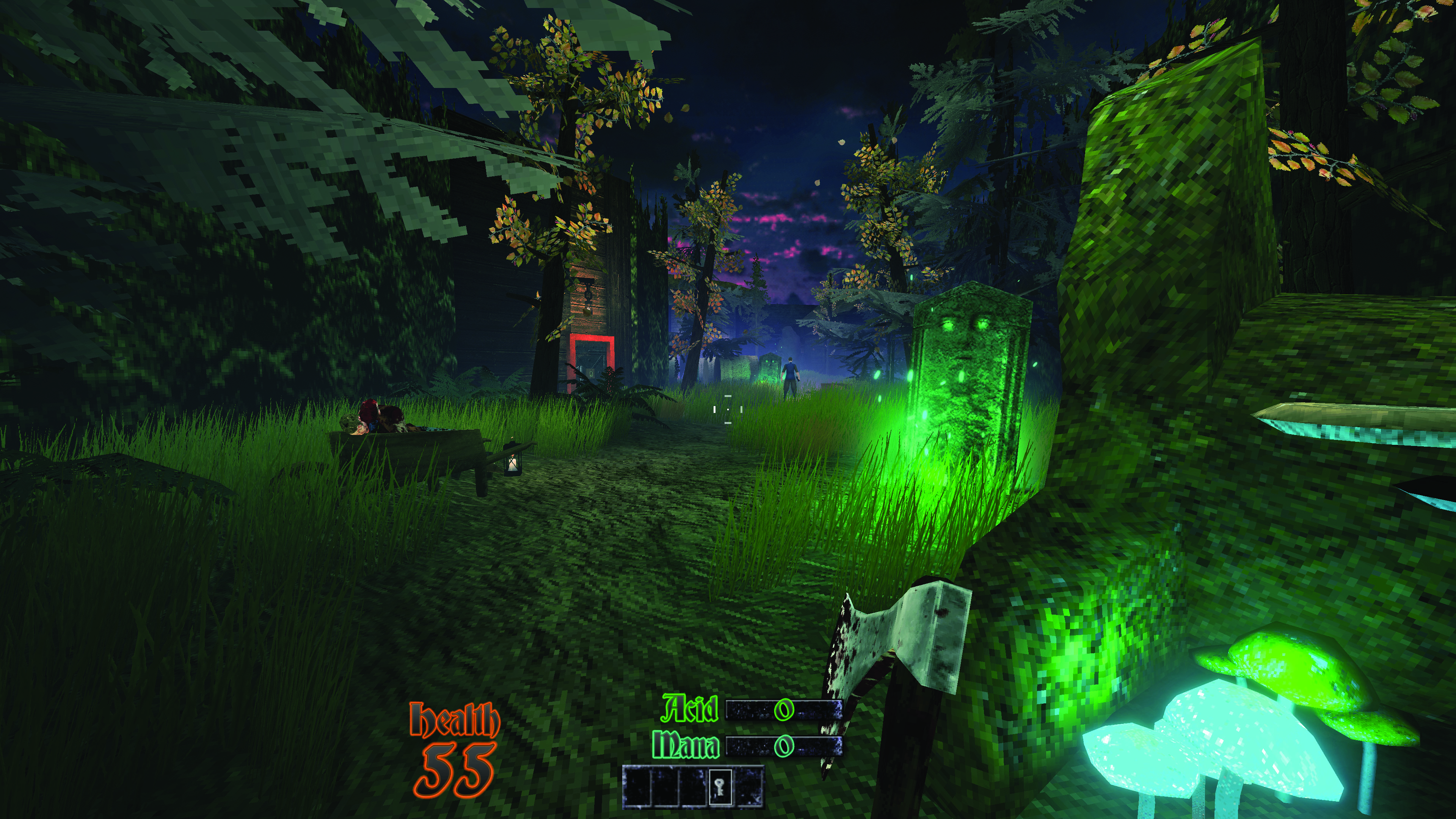 Fantasy FPS boomer shooter Coven being played showing a witch walking through a dark, damp woodland setting.