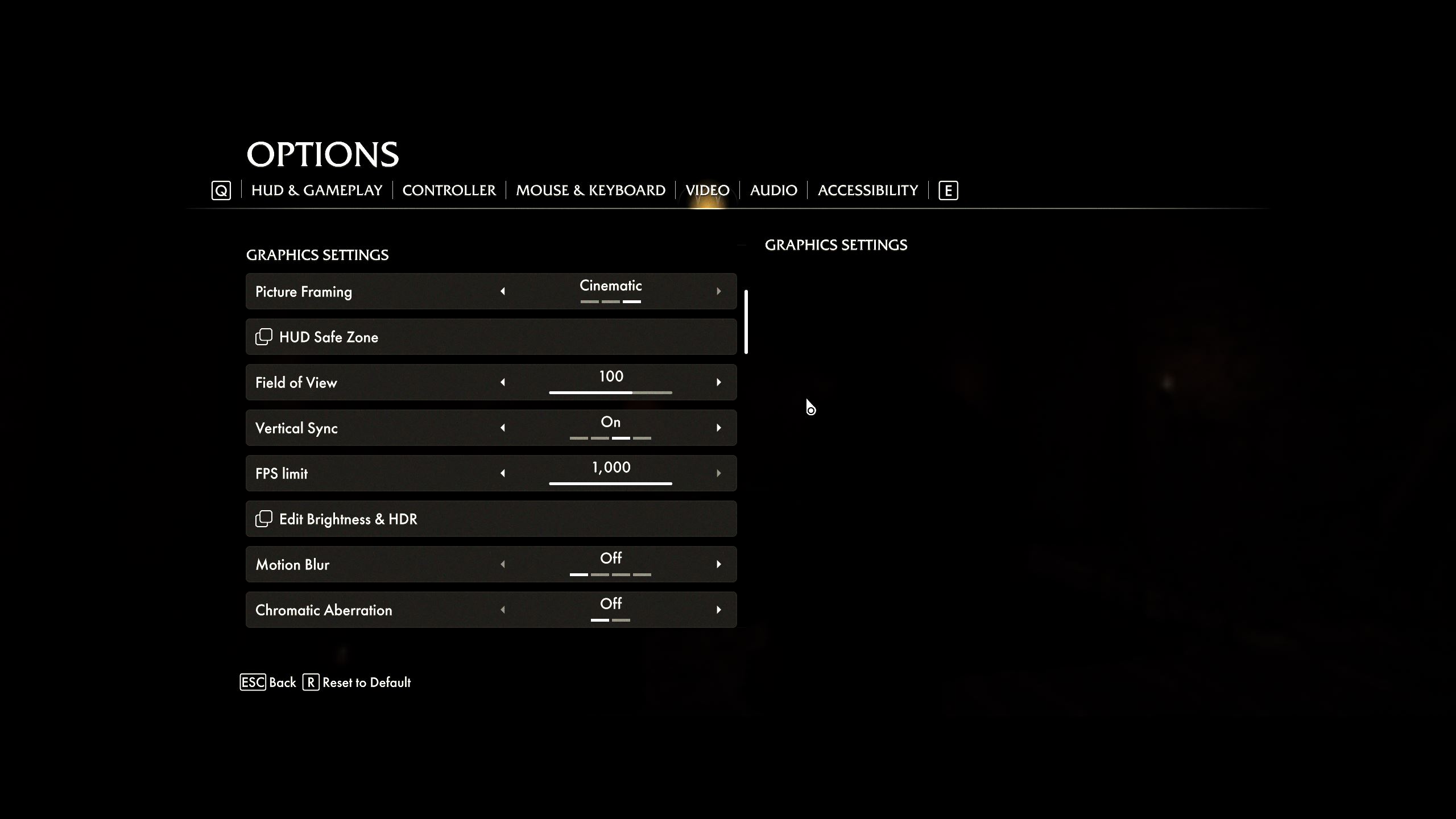 A screenshot of the options menu for Indiana Jones and the Great Circle, including a Field of View slider, Motion Blur toggle, and Picture Framing settings