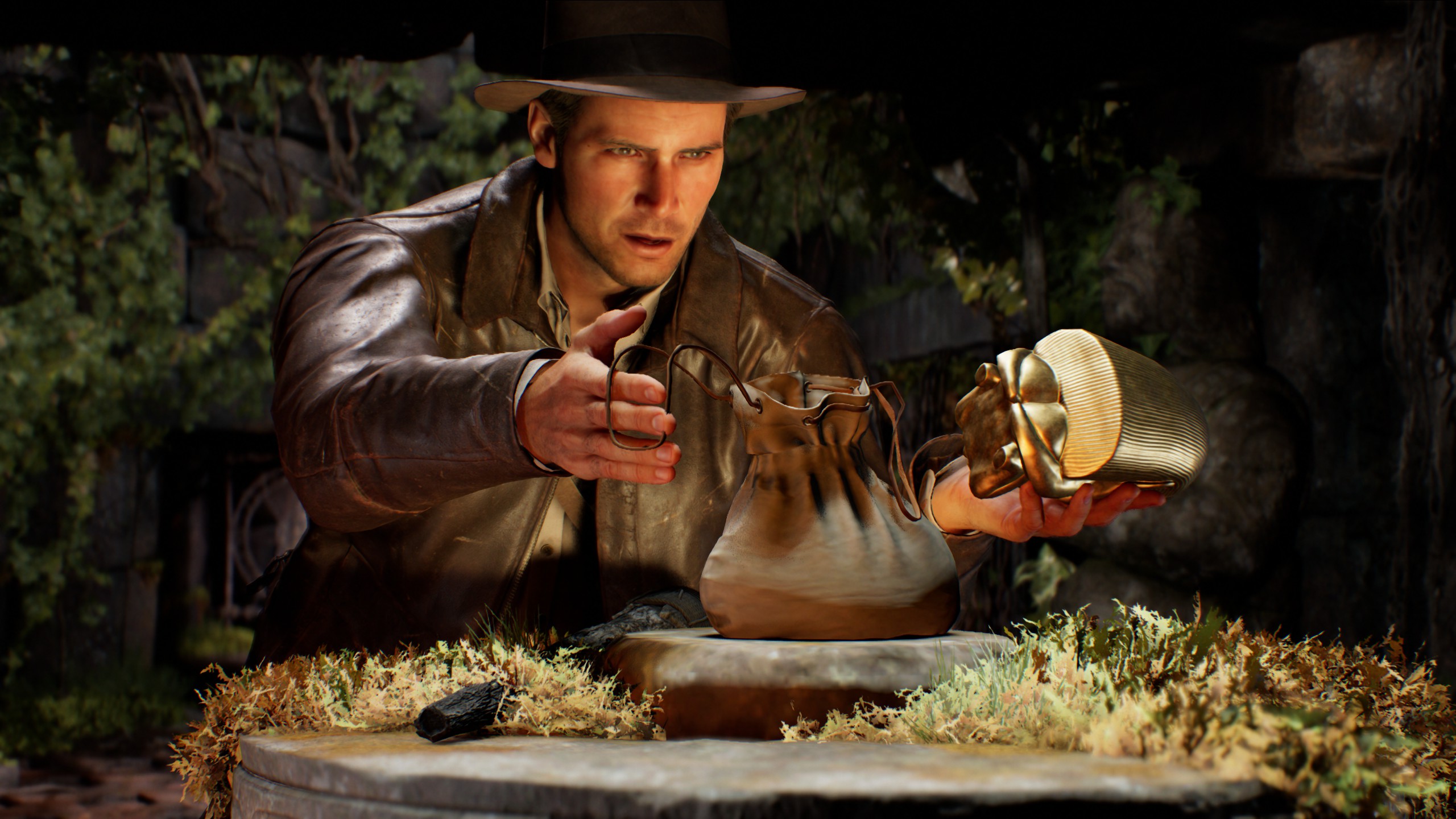 In-game recreation of iconic Indiana Jones stealing the idol in Indiana Jones and the Great Circle