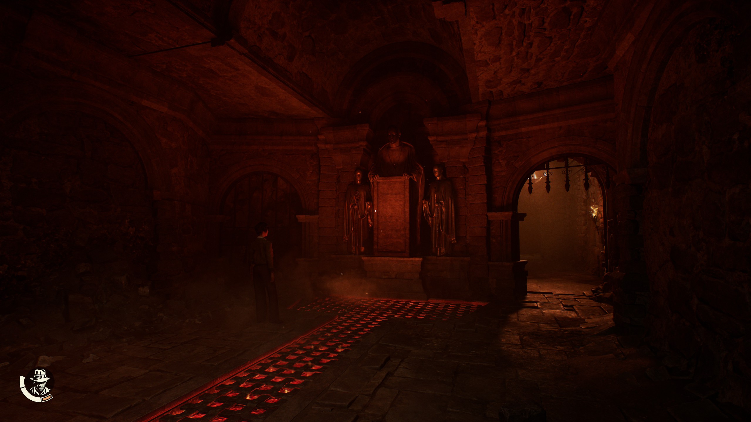 Red-lit tomb interior in Indiana Jones and the Great Circle