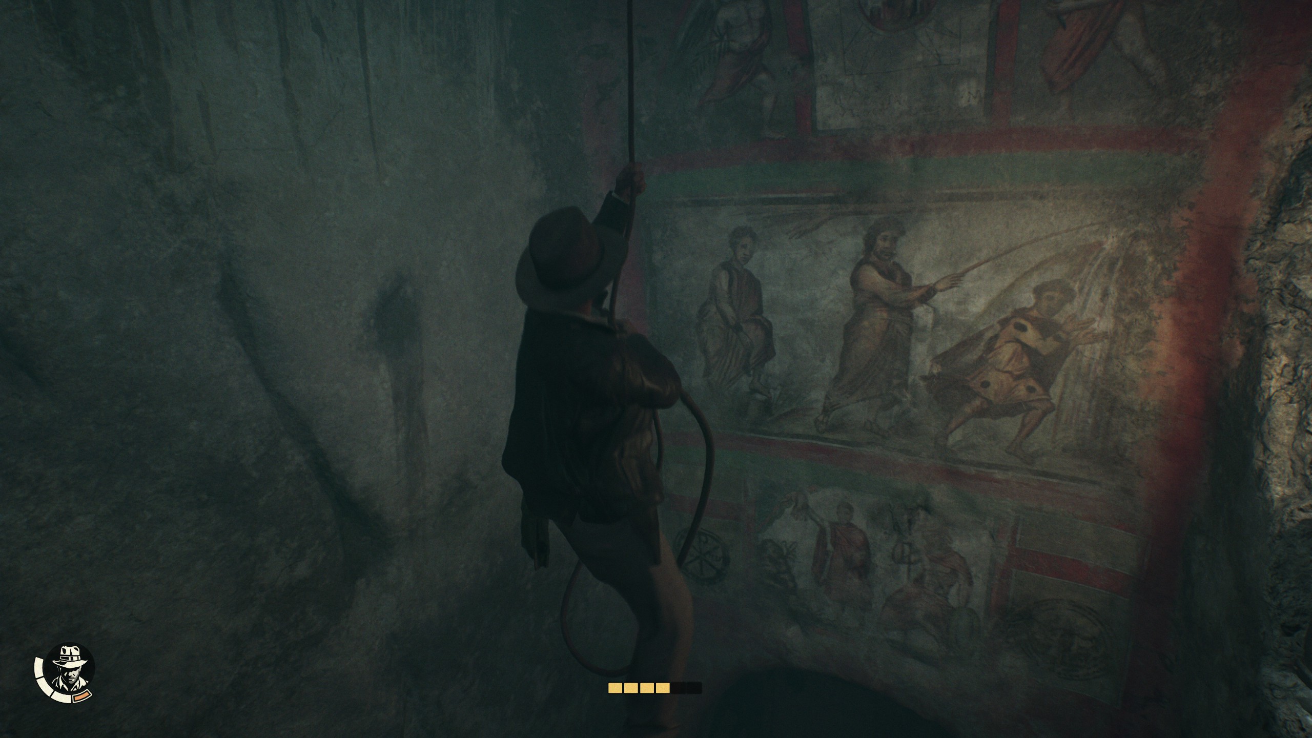 Indiana Jones climbing up his whip with a roman fresco visible in background