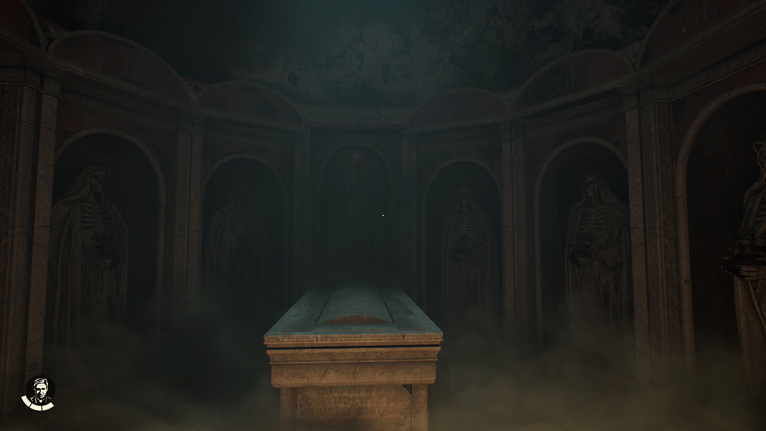 Darkened tomb with sarcophagus and skeletal statues in alcoves in Indiana Jones and the Great Circle