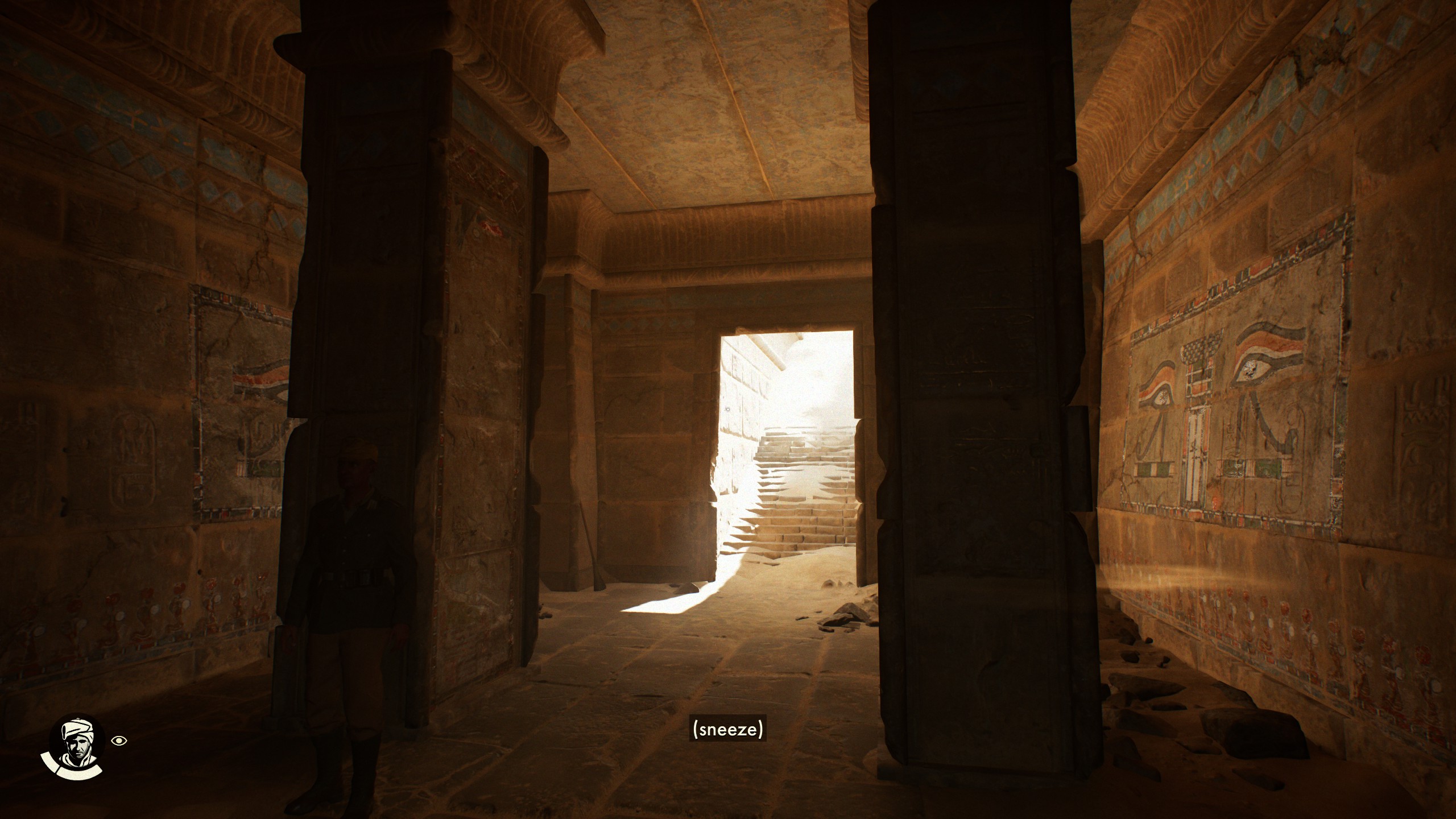 Looking out of tomb toward its brightly lit entryway in Indiana Jones and the Great Circle