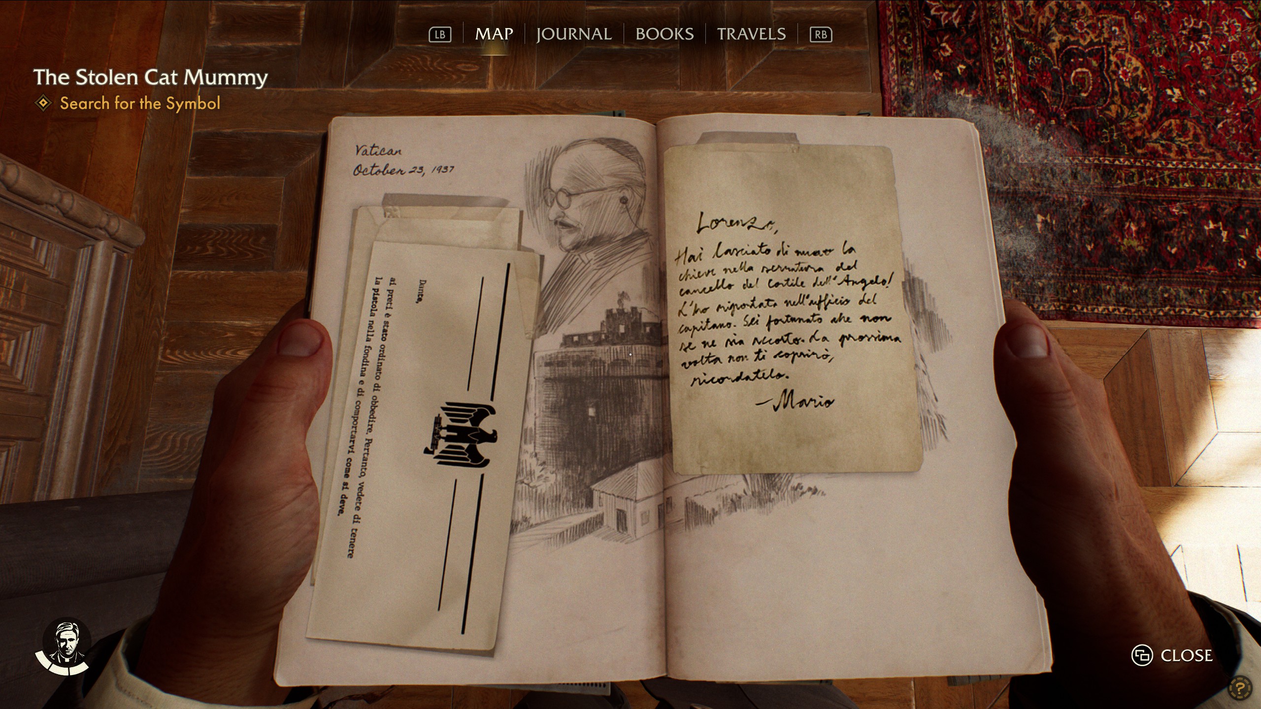 Looking down at in-game journal with notes and sketches of characters and locations from Indiana Jones and the Great Circle.