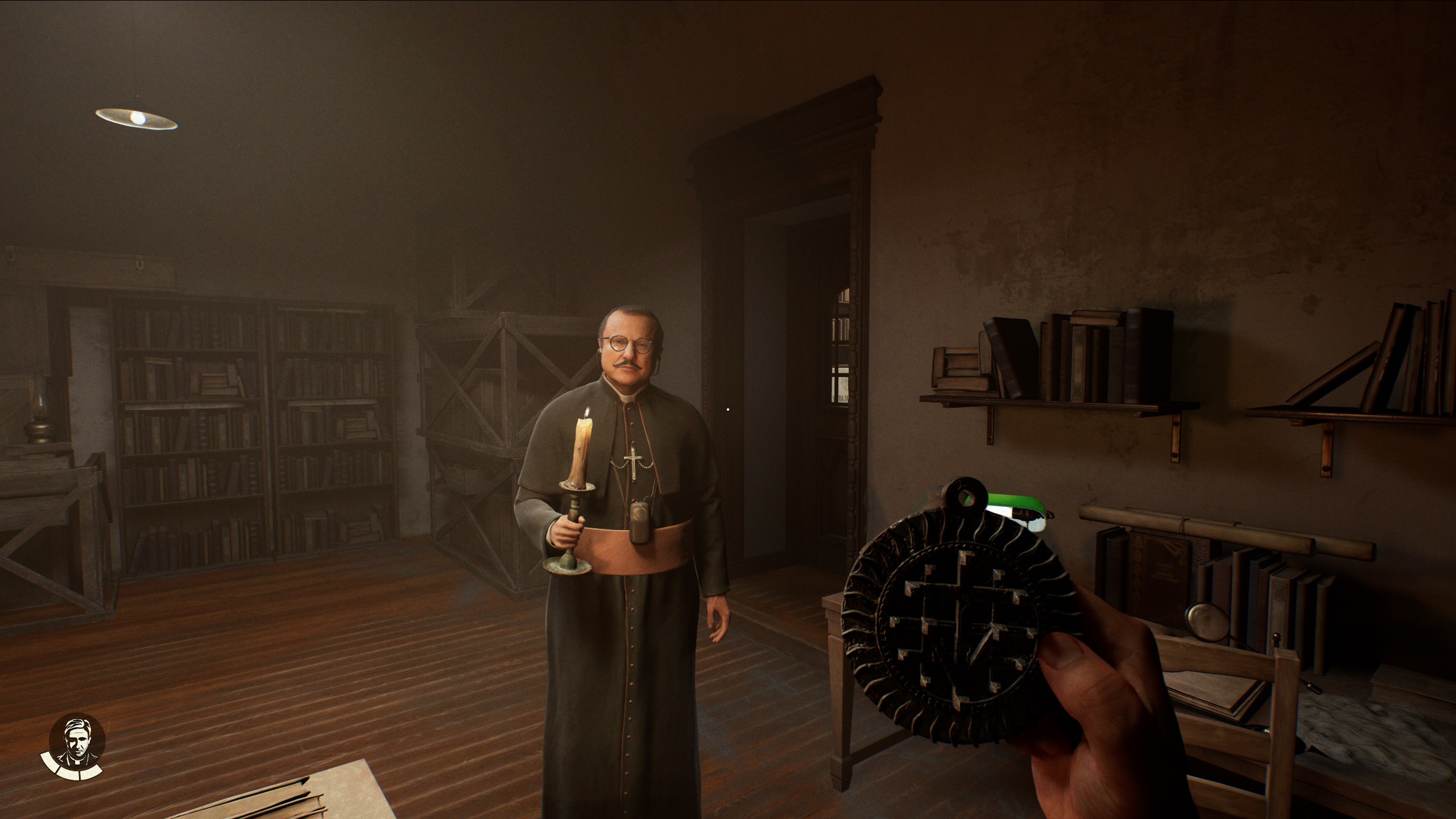 First person view of cardinal holding candlestick in storeroom in Indiana Jones and the Great Circle