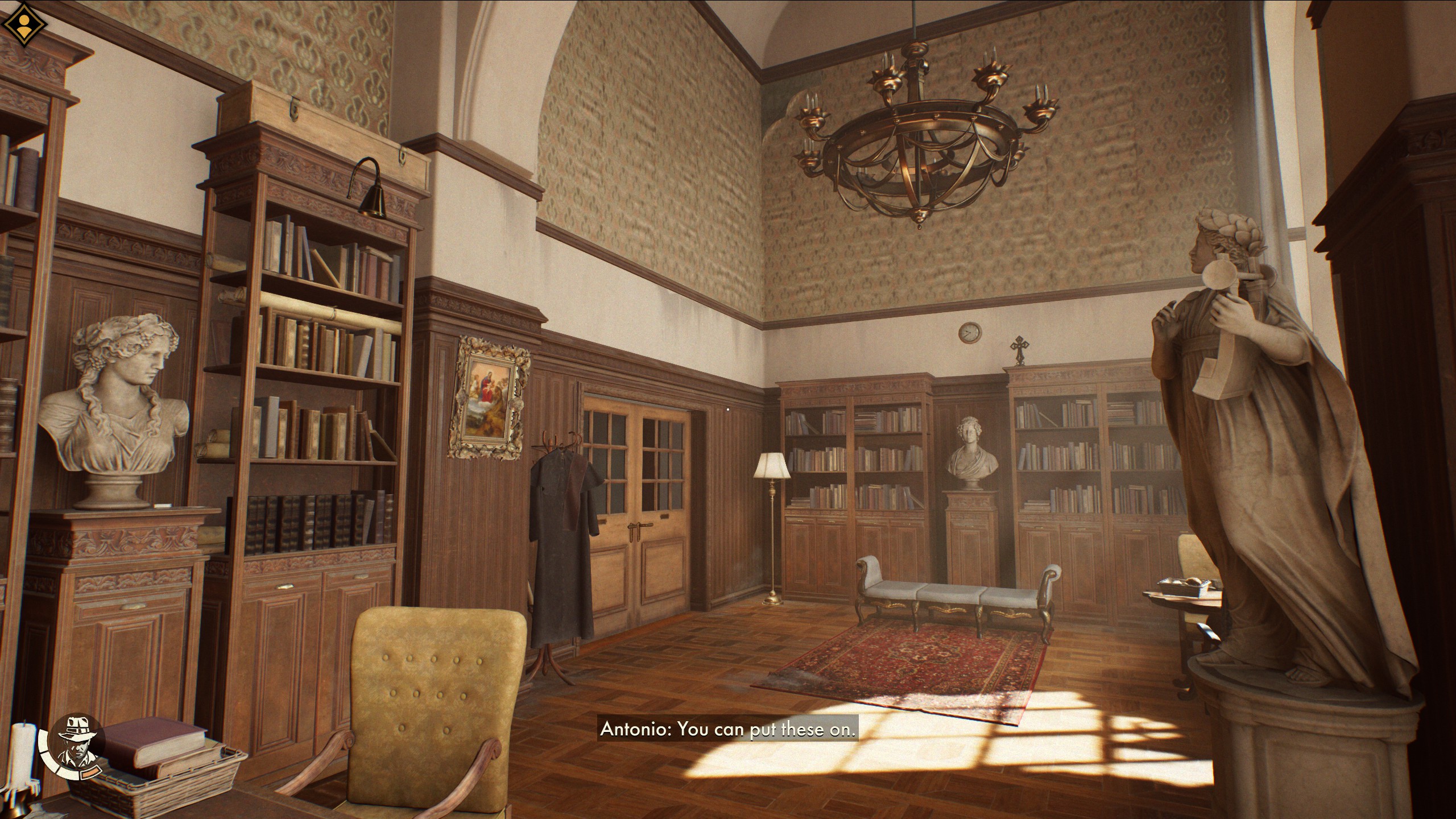 Cozy office with bookshelves and chandeliers in Indiana Jones and the Great Circle