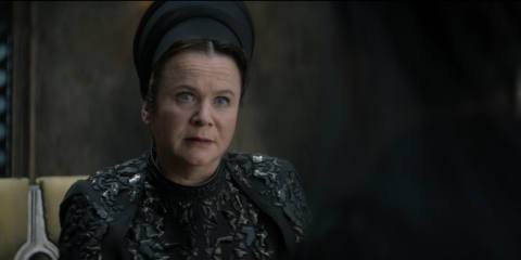 Valya (Emily Watson) sitting and looking stern in a still from Dune: Prophecy season 1