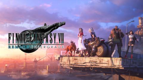 Official art for Final Fantasy 7 Remake Intergrade shows the game’s main cast standing on the edge of a road, looking off into the distance.