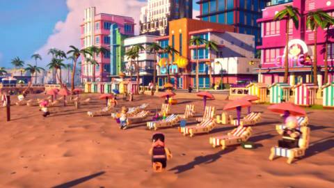 Lego minifigures party on a sun-drenched beach in Lego Fortnite Brick Life