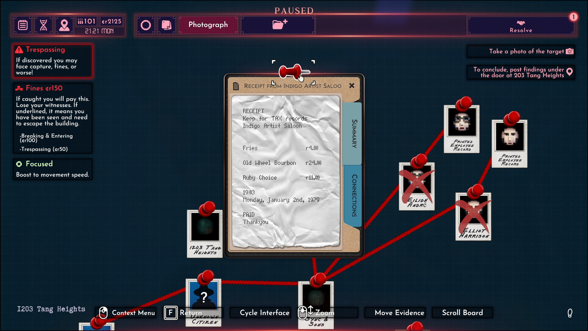 Shadows of Doubt case board with clues and red string pinned together