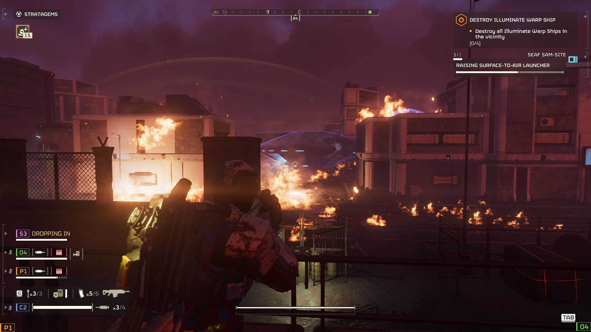 Two images - one showing the Illuminate dropships beaming down enemy troops to murder my position, another showing a city in flames from the illuminate menace.