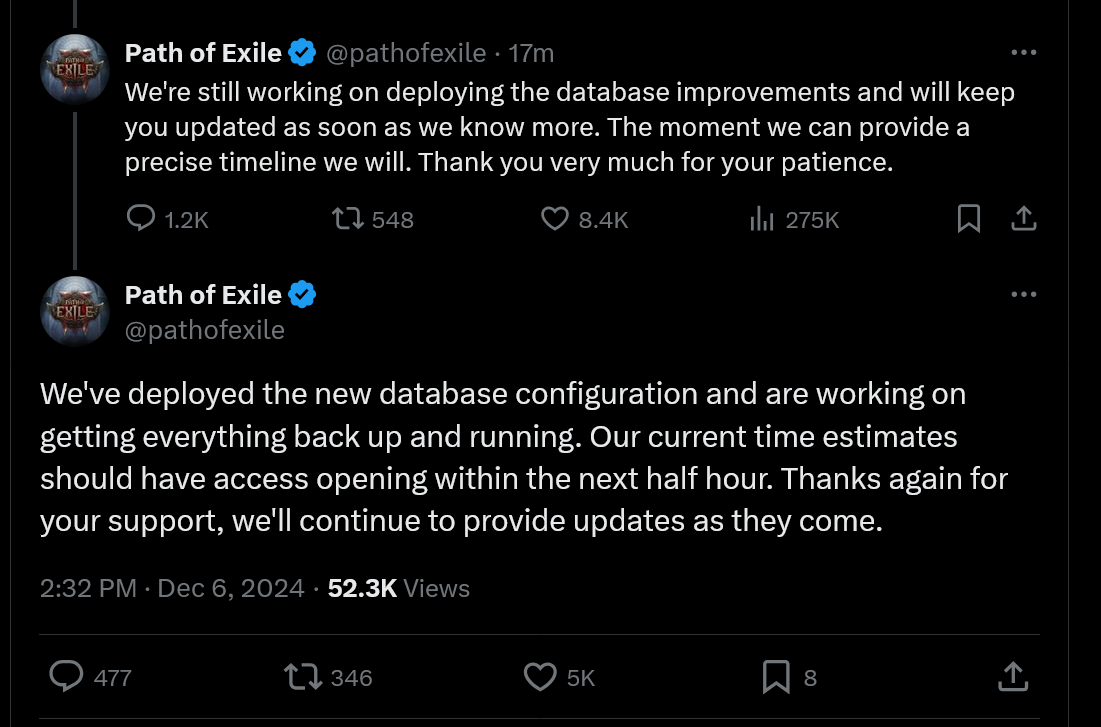 We're still working on deploying the database improvements and will keep you updated as soon as we know more. The moment we can provide a precise timeline we will. Thank you very much for your patience. We've deployed the new database configuration and are working on getting everything back up and running. Our current time estimates should have access opening within the next half hour. Thanks again for your support, we'll continue to provide updates as they come.