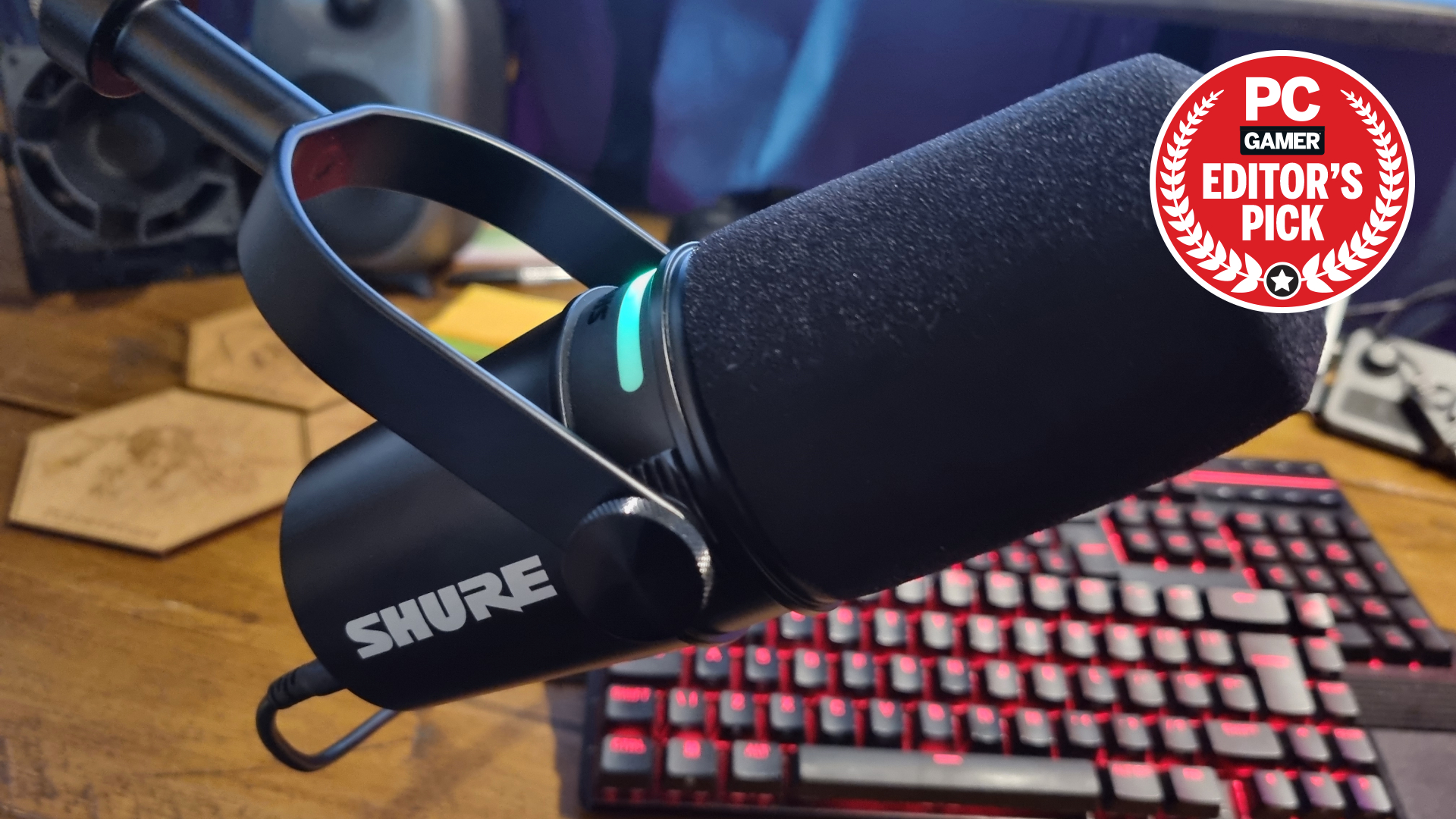 The Shure MV7 Plus Podcast Microphone, with a PC Gamer 