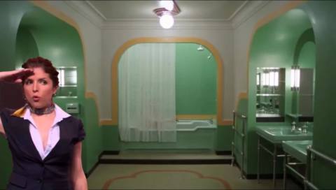 The bathroom of Room 237 with Pitch Perfect’s Anna Kendrick photoshopped over the side of the image