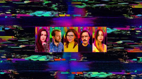 The Polygon video team against a colorful static-y background