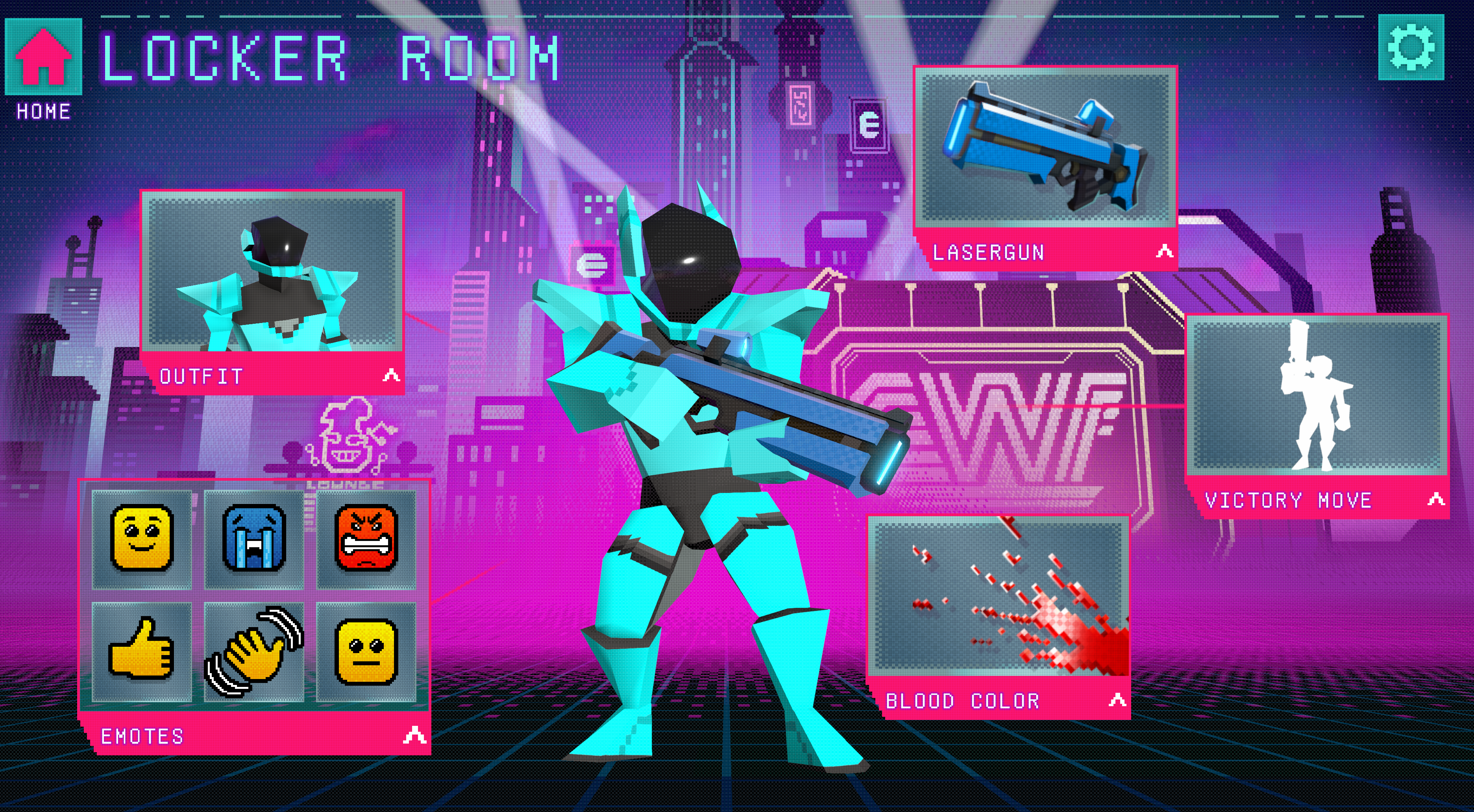 A screenshot of Captain Laserhawk: The G.A.M.E. depicting a UI screen labeled “The Locker Room,” where you can select your character’s outfit, fun, victory move, and blood color