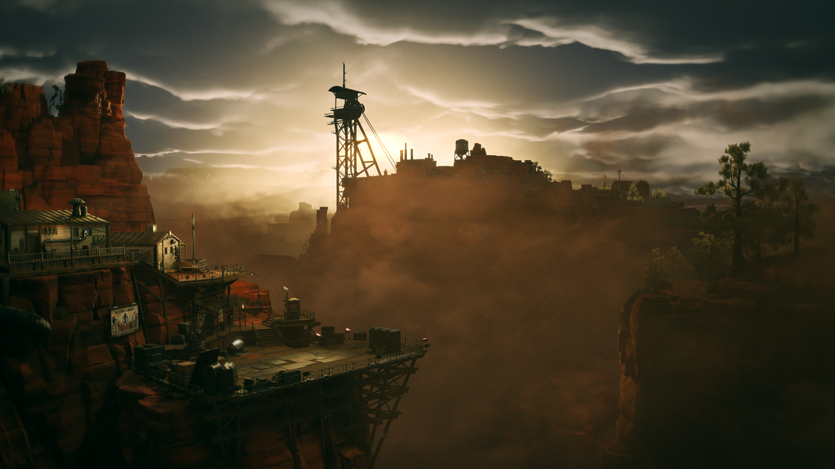 A canyon landscape from WolfEye Studios' next game, full of rickety structures.