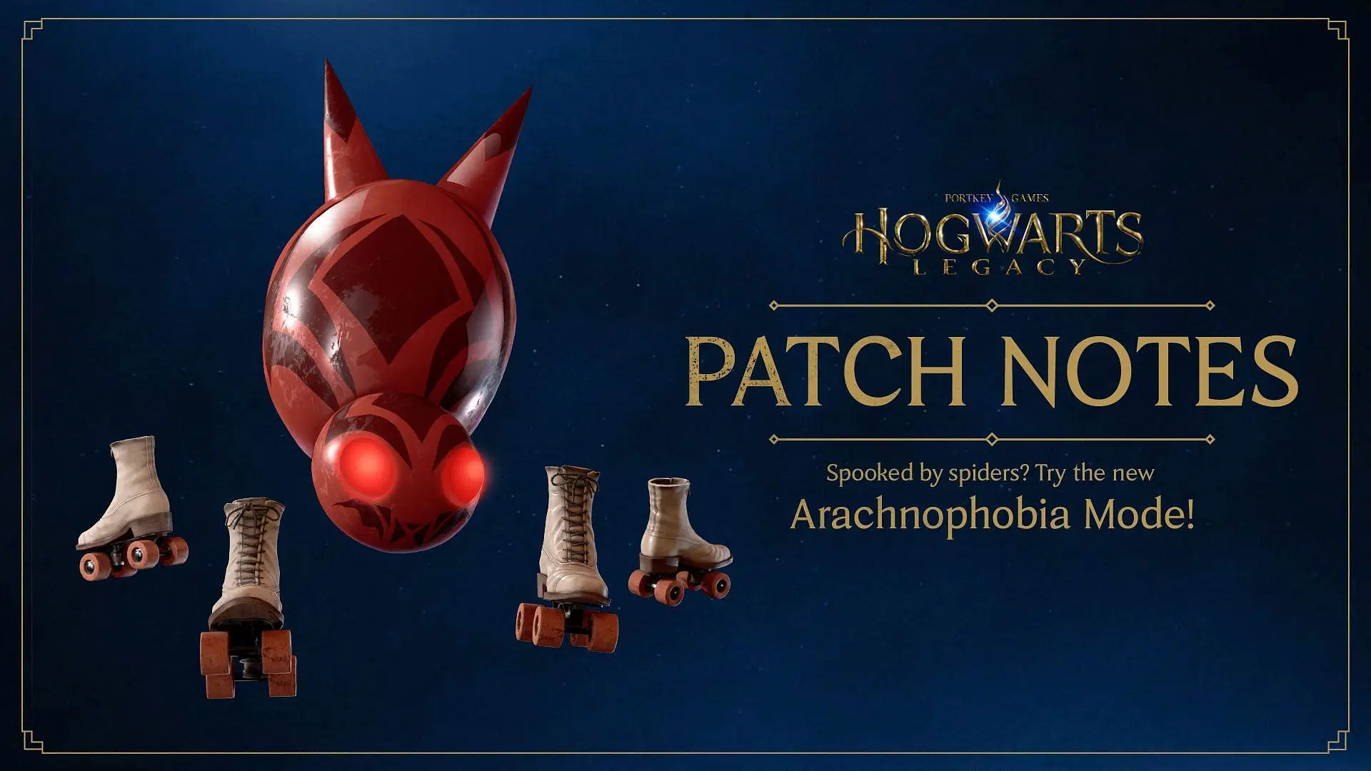 An image of a red-orb spider floating above rollerblades for the Hogwarts Legacy patch notes.