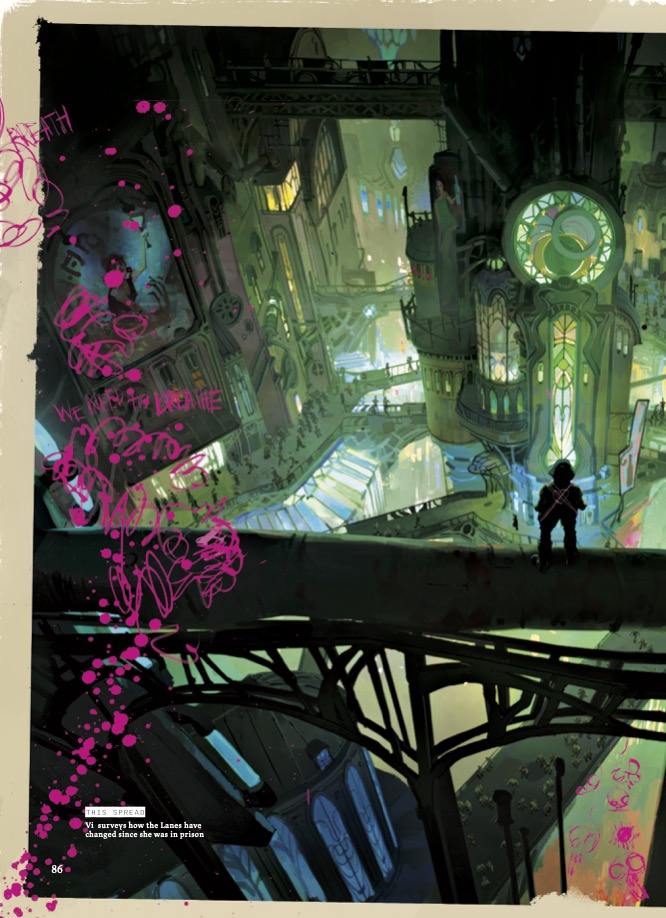 An excerpted page from The Art and Making of Arcane, featuring concept art of Vi surveying the lanes of the Undercity after leaving prison in Arcane.