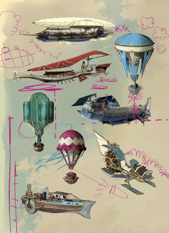 An excerpted page from The Art and Making of Arcane, featuring concept art of various flying vehicles seen throughout Arcane with cartoonish measurements drawn by Jinx.