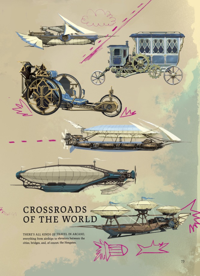 An excerpted page from The Art and Making of Arcane, featuring concept art of various flying vehicles seen throughout Arcane with cartoonish measurements drawn by Jinx.