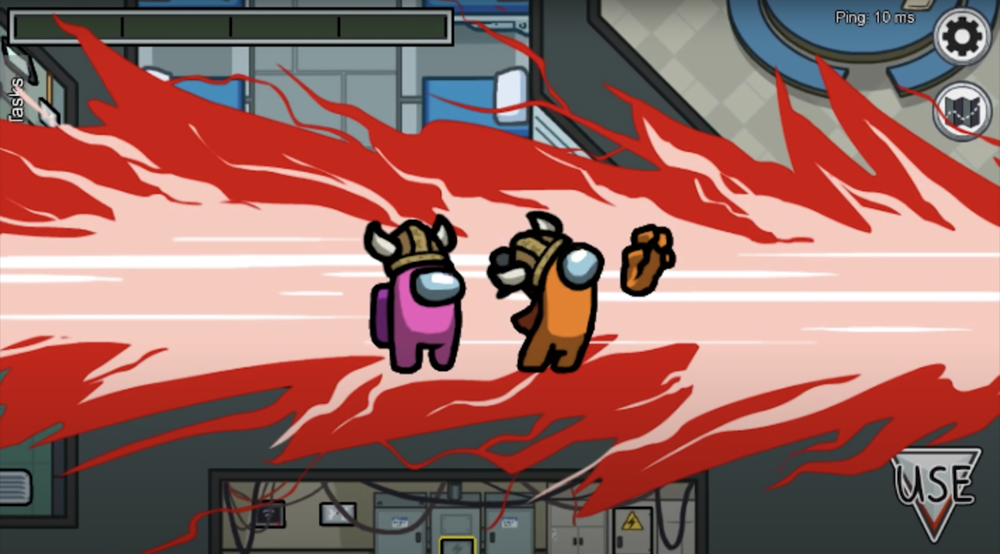 A screenshot of Among Us featuring two bean-shaped, masked characters surrounded by flames A screenshot of Among Us featuring two bean-shaped, masked characters surrounded by flames