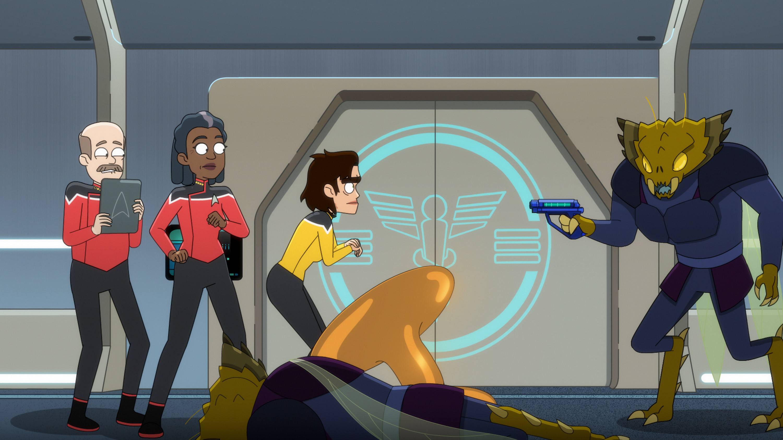 An alien pointing a gun at 3 crew members in a still from Lower Decks