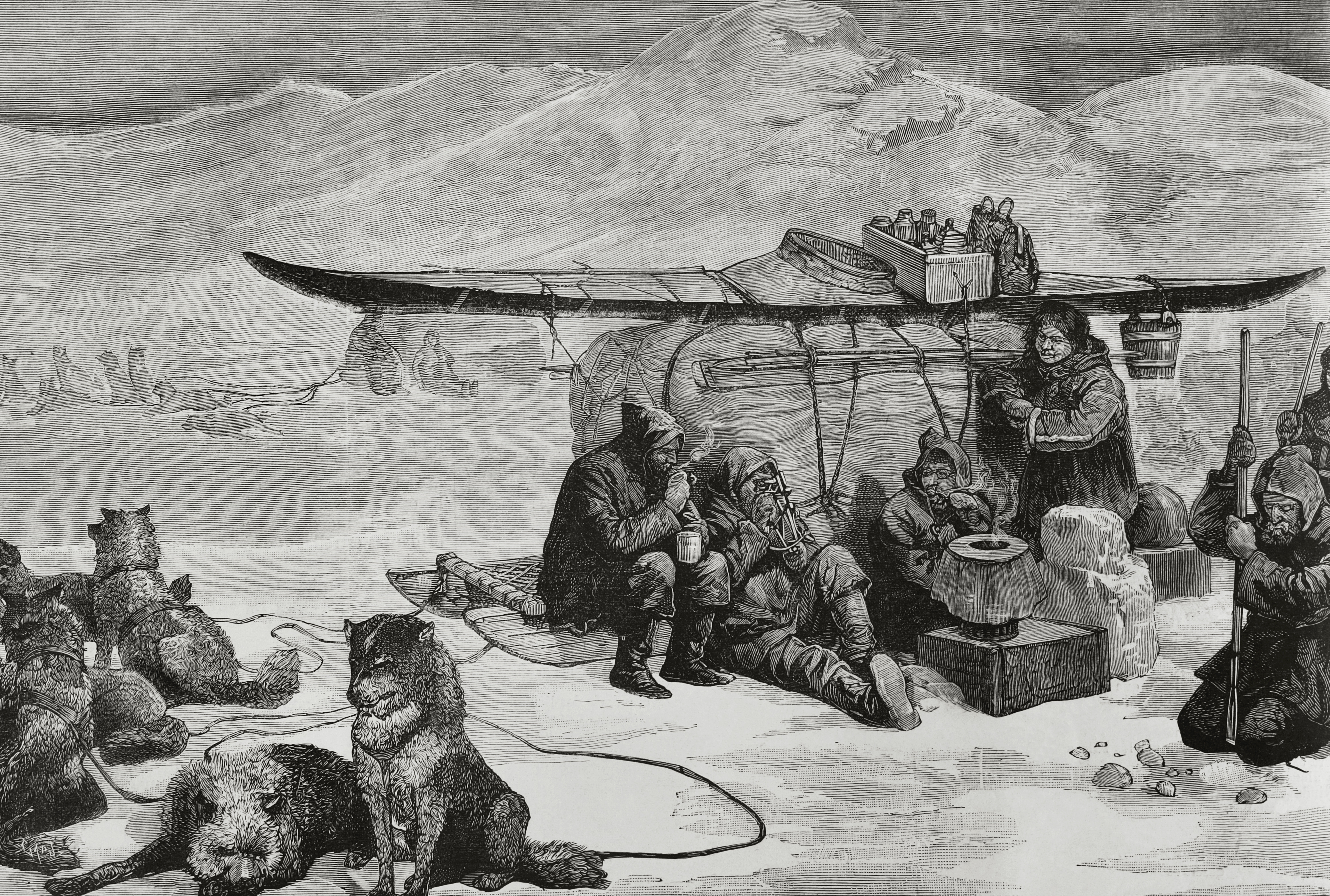 An 1881 engraving depicting the lost Franklin expedition, with men and dogs sitting in the snow around their gear An 1881 engraving depicting the lost Franklin expedition, with men and dogs sitting in the snow around their gear